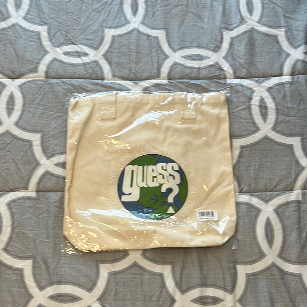 Guess Cream and Green Canvas Tote Bag